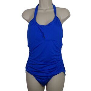 Merona Blue Ruched Halter One Piece Swimsuit Women Size M Padded FLAW